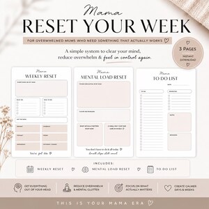 Peut inclure: Un ensemble de trois pages de planification numérique intitulé Mama RESET YOUR WEEK, comprenant un Weekly Reset, un Mental Load Reset et une To Do List. Les pages blanches présentent des sections rose pâle pour les notes et tâches.