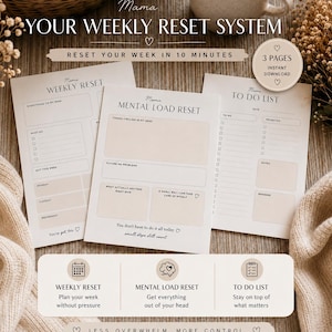 May include: A three-page weekly reset system with the text "Mama YOUR WEEKLY RESET SYSTEM". The pages include sections for weekly resets, mental load resets, and to-do lists. The design is neutral with beige and cream tones.