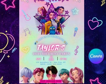 May include: A vibrant invitation for Taylor's 10th birthday party, featuring a colorful design with the text "HUNTRX" and "TAYLOR'S 10TH BIRTHDAY PARTY". The invitation includes event details and the phrase "FAST & EASY TO EDIT".