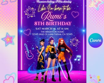 KPOP Dämonenjäger Geburtstagseinladung Bearbeitbar K POP Dämonenjäger Party einladen Anime Thema Geburtstagseinladung für Kinder