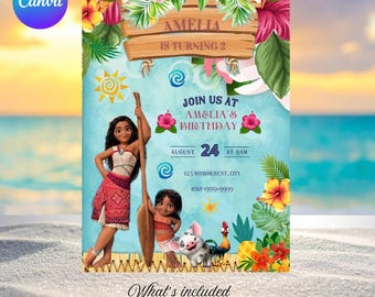 Editable Moana Birthday Invitation | Moana Invite | Hawaiian Ocean Adventure Kids Party Template, Instant Digital Download Canva