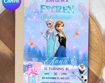 May include: A Frozen-themed invitation with the text "Join us in a Frozen Celebration." The invitation features illustrations of Anna and Elsa, along with butterflies, snowflakes, and a snowman. The invitation is for Anna's 81st birthday, May 26th at 2 PM.
