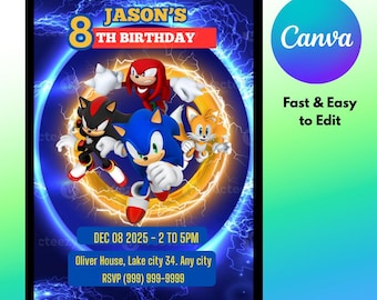 Super Sonic Geburtstagseinladung | Knuckles Tails Schatten | Bearbeitbare Sonic Party Einladungsvorlage | Junge Igel Leinwand Download