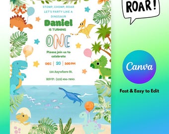 Editable Dinosaur Birthday Invitation | Instant Download | Canva Editable Digital Invite for Kids Dinosaur Party