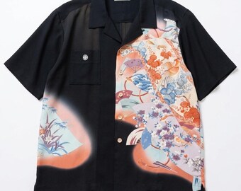 kimono vintage hawaiian shirt black tomesode size free silk 100% bamboo buttons upcycle handmade in japan A one-of-a-kind
