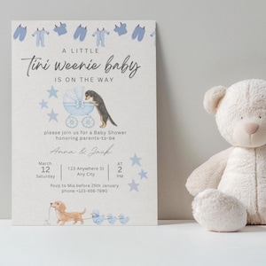 May include: A baby shower invitation card featuring blue baby clothes, a dog with a baby carriage, and a dachshund pulling ducks, alongside a beige plush teddy bear. The text reads A LITTLE Tini weenie baby IS ON THE WAY, Anna & Jack, and event details.