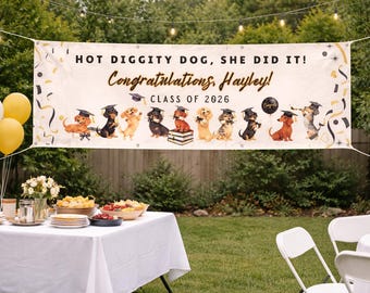 Dachshund Graduation Banner Personalized, Custom Name Class Year Sign, Wiener Dog Grad Party Decor