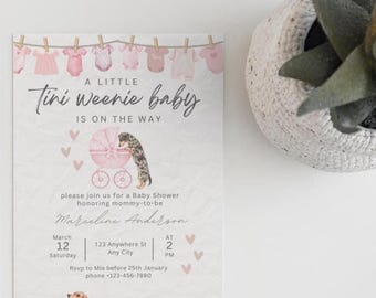 Invito per baby shower a tema bassotto, modello Canva, tema Tini Weenie (download digitale)