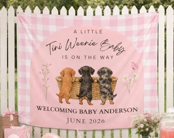 Niestandardowa gobelinowa dekoracja na baby shower z jamnikiem, znak na przyjęcie z jamnikiem
