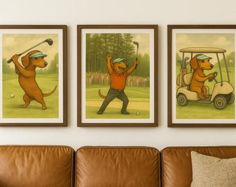 Dachshund Golf Print Set of 3, Digital Wall Art, Nursery, Office & Gift for Him