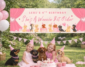 Banner personalizado de aniversário para dachshund, "Ela está um pouquinho mais velha" - Decoração para festa