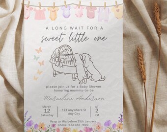 Sweet Little One Baby Shower Invite, Dachshund Invitation, Editable Canva Template (Digital Download)
