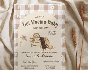 Invito per baby shower, tema bassotto Tini Weenie, modello Canva (download digitale)