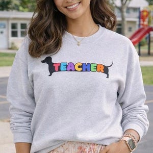 Pode incluir: Camisola cinza claro com a palavra "TEACHER" em letras coloridas do arco-&iacute;ris, integrada na silhueta de um c&atilde;o dachshund. A camisola &eacute; de estilo casual, adequada para uso di&aacute;rio.