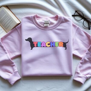 Pode incluir: Camisola rosa claro com a palavra "TEACHER" em letras coloridas e um desenho de c&atilde;o dachshund preto. Um par de &oacute;culos pretos e um livro aberto tamb&eacute;m est&atilde;o na imagem.