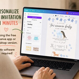 May include: A laptop screen displaying a customizable baby shower invitation template in the Canva interface. The invitation features blue baby clothes, stars, and dachshund illustrations with the text A Little Tini Weenie Baby Is On The Way.