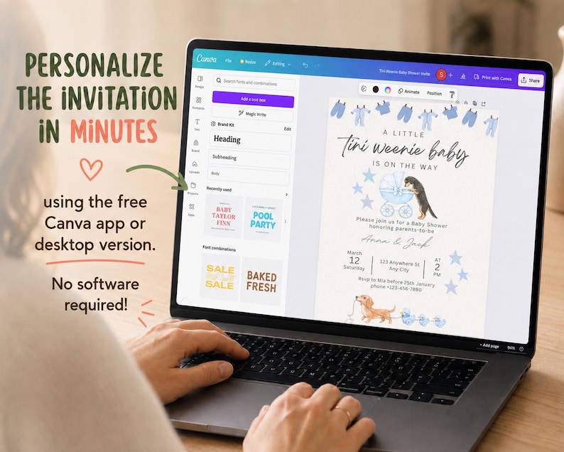 May include: A laptop screen displaying a customizable baby shower invitation template in the Canva interface. The invitation features blue baby clothes, stars, and dachshund illustrations with the text A Little Tini Weenie Baby Is On The Way.