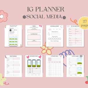 Può includere: Un planner di social media rosa con il testo "IG PLANNER SOCIAL MEDIA" e "27 page". Il planner include pagine per profilo, account Instagram, target audience, storie di Instagram e obiettivi di monitoraggio IG. Elementi decorativi floreali e fruttati.