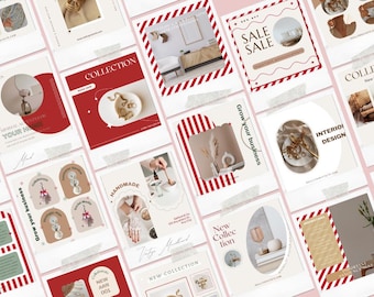 May include: A series of square social media posts on a pink background. The posts showcase interior design themes, with images of vases, decorative items, and furniture. Text includes "SALE", "COLLECTION", and "INTERIOR DESIGN".