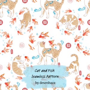 May include: A seamless pattern featuring orange tabby cats and goldfish on a white background. The design includes red circular stamps with the Japanese kanji for cat and the English word cat, alongside blue water bubbles and fish illustrations.