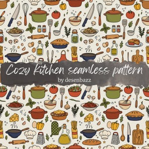 Può includere: Un motivo continuo con illustrazioni di cucina disegnate a mano che includono pentole, padelle, coltelli, fruste, ciotole, verdure e utensili su uno sfondo chiaro. Il testo recita Cozy Kitchen seamless pattern by desenbazz.