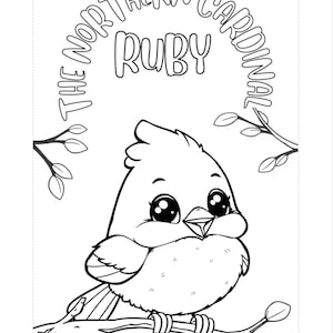 Könnte beinhalten: Schwarz-Weiß-Illustration eines Cartoon-Kardinals, der auf einem Ast sitzt. Der Text "THE NORTHERN CARDINAL RUBY" wölbt sich über dem Vogel. Blätter und Zweige sind ebenfalls enthalten.