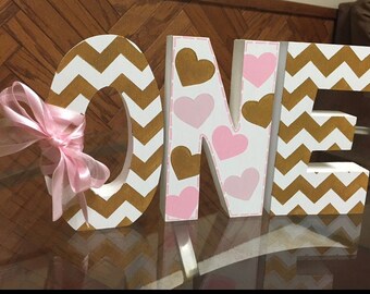 Hearts - Pink - Gold - Chevron - 1st birthday - photo prop - hand painted - free standing - ONE