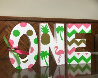 Hawaiian - Luau - Flamingo - Pineapple - hand painted photo prop - 1st birthday - ONE - custom