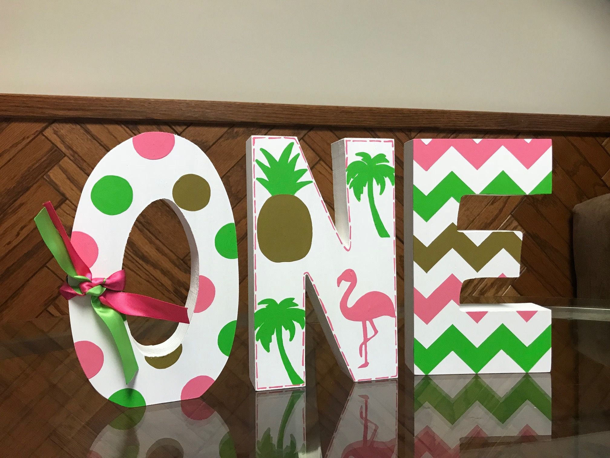 Hawaiian Luau Flamingo Pineapple hand painted photo prop 1st birthday ONE custom