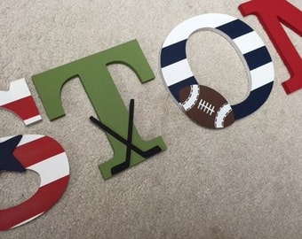 Sports Letters, Rugby Stripe, hand painted, wooden, nursery letters, wall decor, wall letters