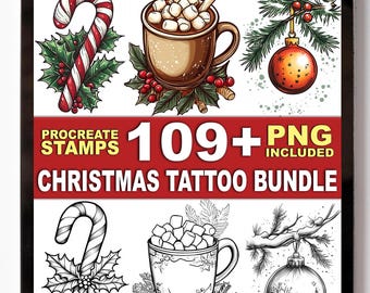 Más de 109 sellos de tatuajes navideños para Procreate: iconos festivos y contornos de tatuajes