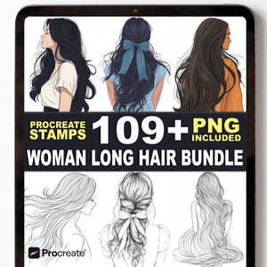 May include: Digital art bundle showcasing illustrations of women with long hair. The image includes various hairstyles, some in colour and others in black and white. Text on the image reads "Procreate Stamps" and "Woman Long Hair Bundle."