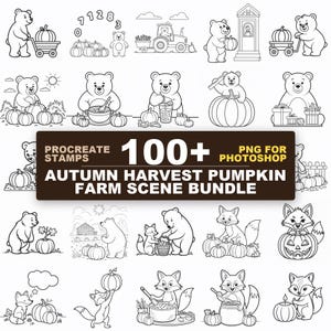 Pumpkin Farm Procreate Stamps & PNG | Autumn Harvest Pumpkin Patch Clipart Bundle for iPad Digital Art, Fall Farm Scene and Sublimation