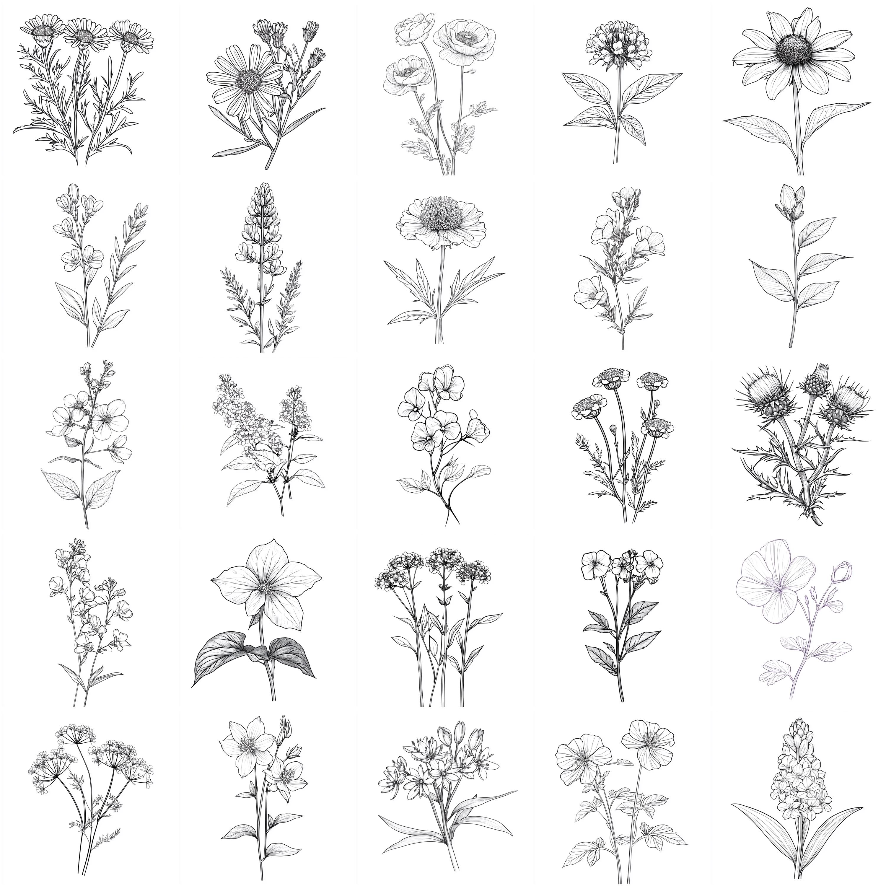 109+ Wildflower Linework Procreate Stamp Set – Floral Outlines, Petals ...