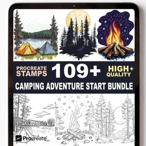 May include: Digital art bundle for Procreate with camping-themed stamps. Includes illustrations of tents, forests, campfires, and a lake scene. The text reads "Procreate Stamps 109+ High Quality Camping Adventure Start Bundle."