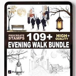 May include: A digital art bundle displayed on a tablet screen. The image features illustrations of cityscapes, street scenes, benches, lanterns, and a full moon. Text on the screen reads "Procreate Stamps 109+ High Quality Evening Walk Bundle."