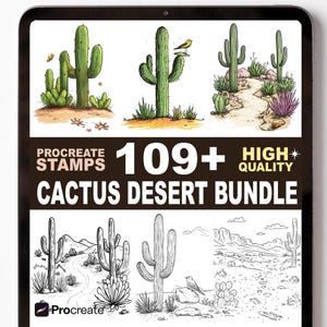 May include: A digital art bundle displayed on a tablet screen, featuring various cactus illustrations. The text reads "Procreate Stamps" and "Cactus Desert Bundle" with "109+ High Quality". The illustrations showcase different cactus types and desert landscapes.