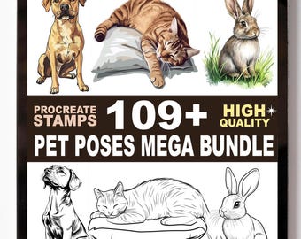 Set de sellos para Procreate con más de 109 poses de mascotas: ilustraciones de perros, gatos y animales adorables