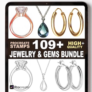 Smycken och ädelstenar Procreate stämpelset | 109+ diamantring, halsband, armbandspenslar
