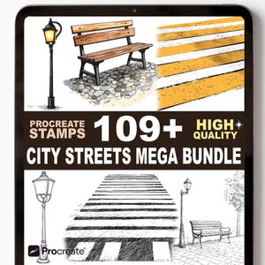 Könnte beinhalten: Digitales Kunstpaket für Procreate mit Elementen von Stadtstraßen. Enthält Illustrationen einer Parkbank, Straßenlaternen und Zebrastreifen. Der Text lautet "Procreate Stamps 109+ High Quality City Streets Mega Bundle."