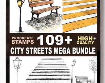109+ City Streets Procreate Stamp Set Urban Buildings Street Icons and Modern Sketch Brushes