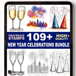 May include: A digital art bundle on a tablet, showcasing illustrations of champagne flutes, fireworks, confetti, and party hats. Text reads "Procreate Stamps 109+ High Quality New Year Celebrations Bundle."