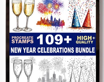 Set de sellos Procreate de más de 109 diseños para celebraciones de Año Nuevo: pinceles de fuegos artificiales, champán y cuenta atrás