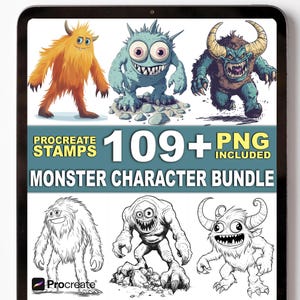 Könnte beinhalten: Digitales Kunstpaket mit sechs farbigen und schwarz-weißen Monstercharakteren. Das Bild enthält den Text "Procreate Stamps" und "109+ PNG Included" mit den Worten "Monster Character Bundle" darunter.