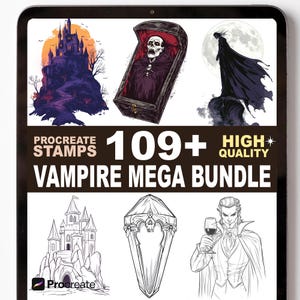 May include: Digital art stamps bundle for Procreate featuring vampire-themed illustrations. Includes images of a castle, coffin, vampire, and the text "Vampire Mega Bundle" and "109+". High quality digital art.