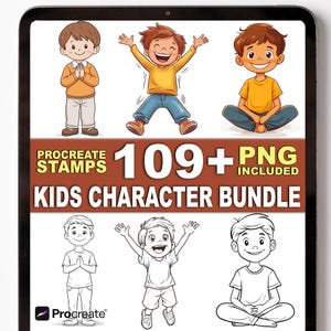 Op de afbeelding: Digitale kunstbundel met kleurrijke en zwart-wit illustraties van kinderen in verschillende poses. De afbeelding bevat de tekst "Procreate Stamps" en "Kids Character Bundle" met "109+ PNG Included".