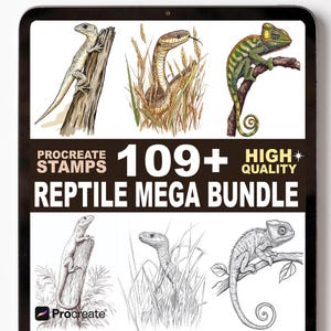 Op de afbeelding: Digitale kunstbundel met reptielenillustraties. Bevat een hagedis op een boomstam, een slang in hoog gras en een kameleon op een tak. De tekst luidt "Procreate Stamps 109+ High Quality Reptile Mega Bundle."