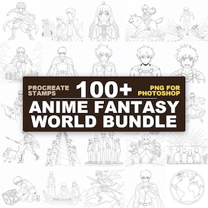 May include: A digital collection of over 100 black and white line art illustrations featuring anime characters in fantasy settings. The central dark brown rectangular label displays the white text: PROCREATE STAMPS 100+ PNG FOR PHOTOSHOP ANIME FANTASY WORLD BUNDLE.