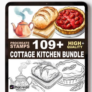 May include: Digital art bundle showing a red teapot, a loaf of bread, and a strawberry tart. Text reads "Procreate Stamps 109+ High Quality Cottage Kitchen Bundle."