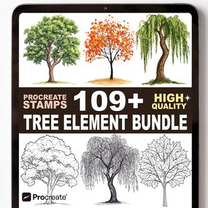 Op de afbeelding: Een digitale kunstbundel met boomelementen voor Procreate. De afbeelding toont diverse boomillustraties, waaronder gedetailleerde tekeningen en kleurrijke schilderijen. Tekst op de afbeelding luidt "Procreate Stamps 109+ Tree Element Bundle High Quality."